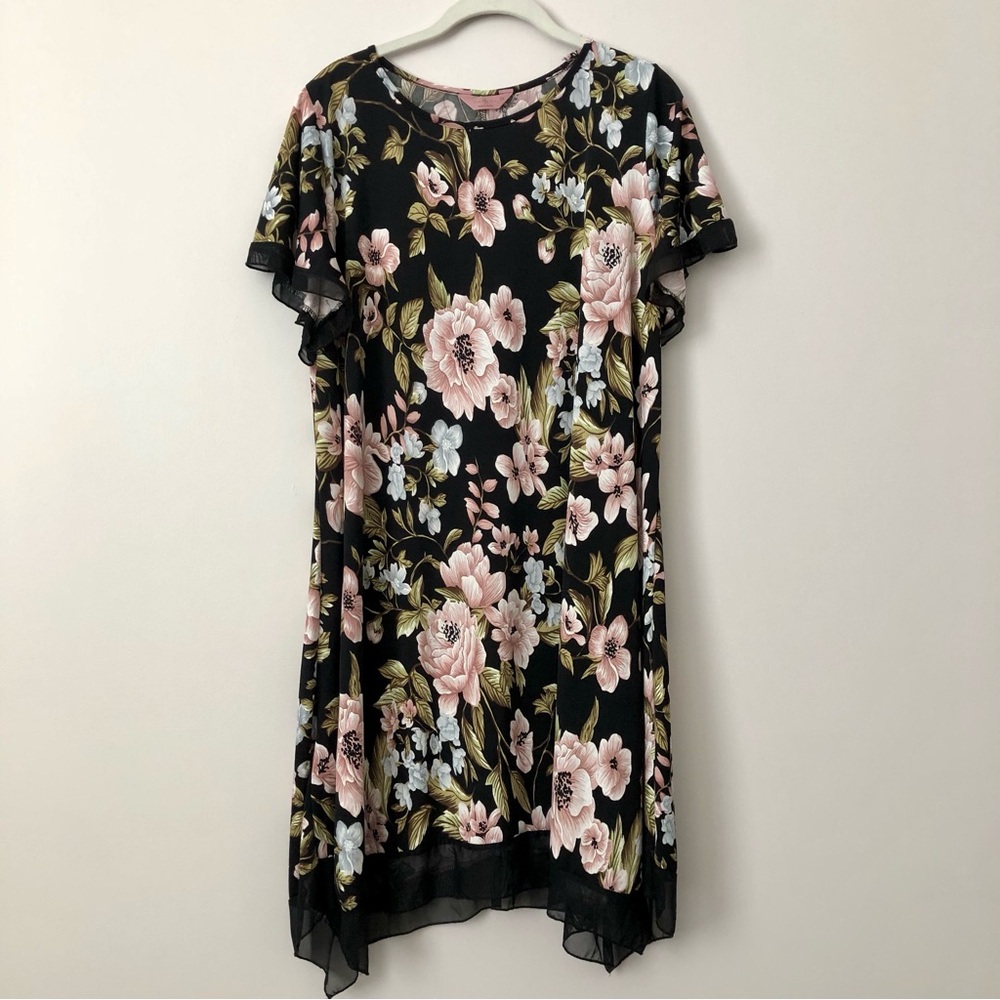 SJS Floral Casual Short Sleeves Light Sheer Hem Black Pink Dress Women’s Size 2X